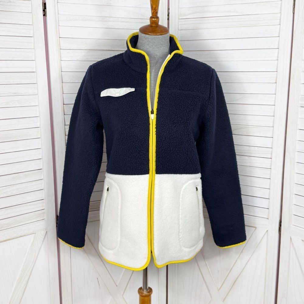 Talbots Jacket Women Medium Blue White Colorblock Faux Sherpa Teddybear Full Zip